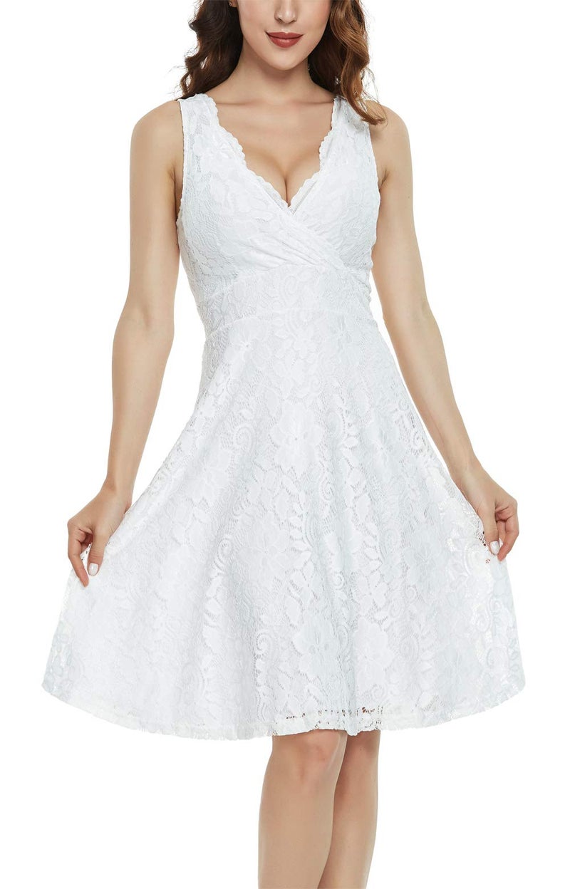 MISS MOLY Lace Dresses for Women Overlay Fit and Flare Dress V Neck White Elegant Wedding Dress Skater Party Dresses S - Image 2